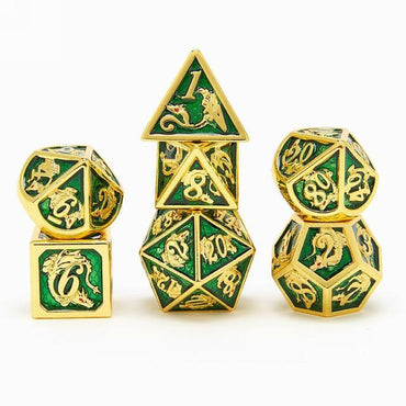 Gold & Emerald 7pc Metal Dice