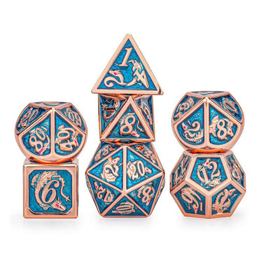 Rose Gold & Aquamarine 7pc Metal Dice