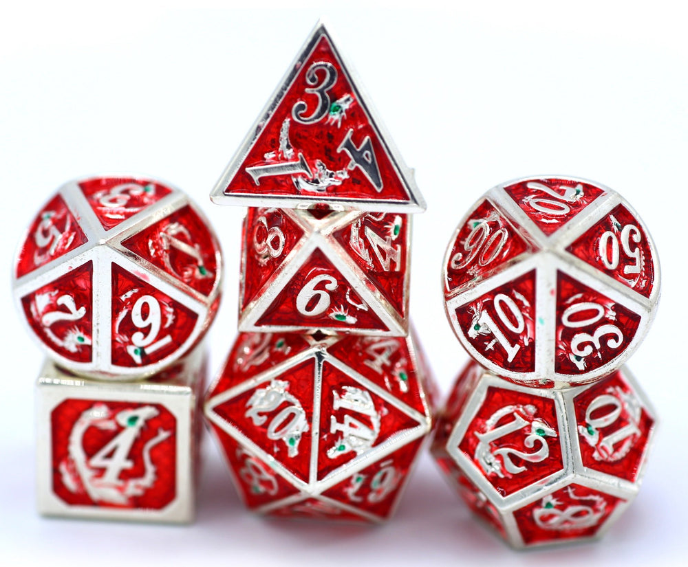 Silver with Red Solid Metal Dragon Polyhedral Dice Set