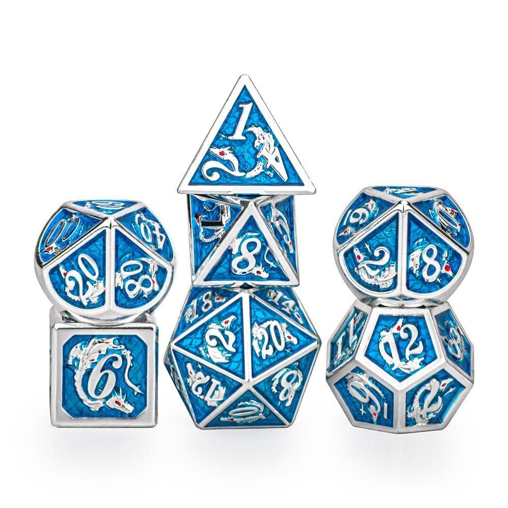 Silver & Light Blue 7pc Metal Dice