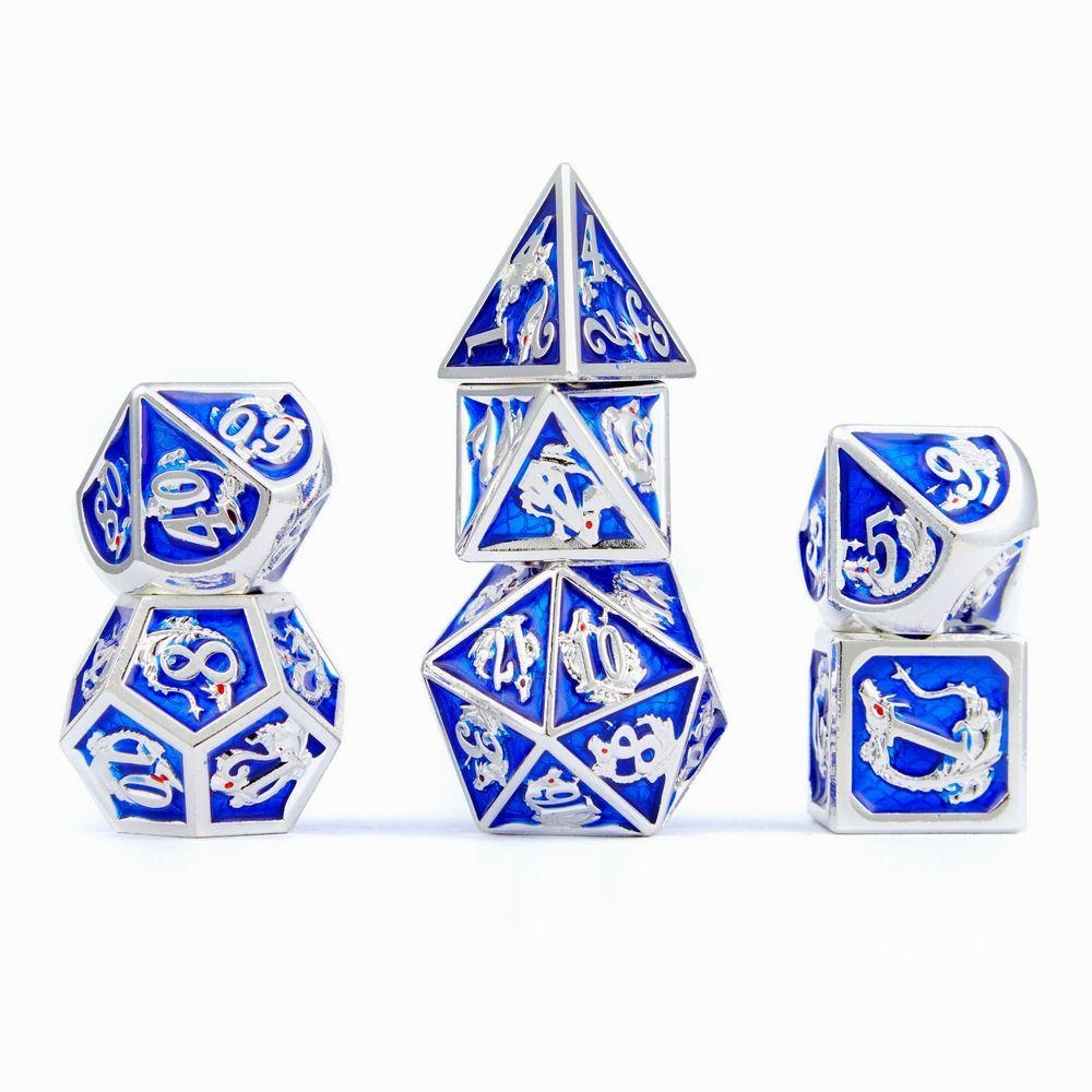 Silver & Royal Blue 7pc Metal Dice