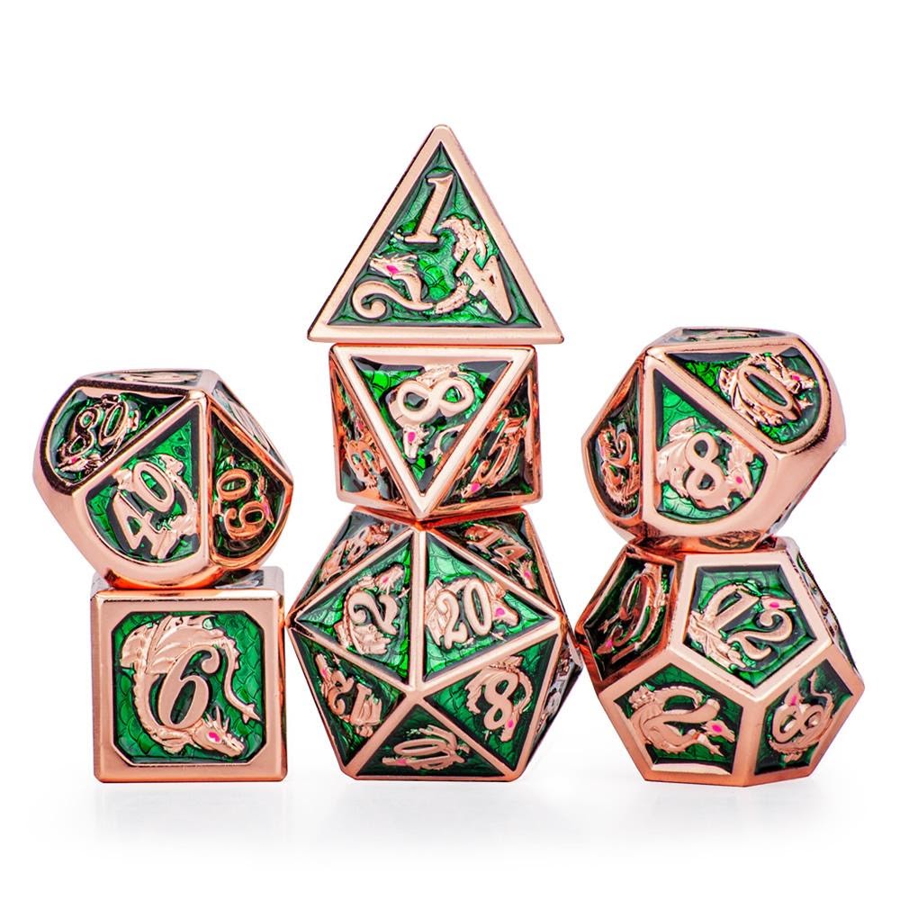 Rose Gold & Emerald 7pc Metal Dice