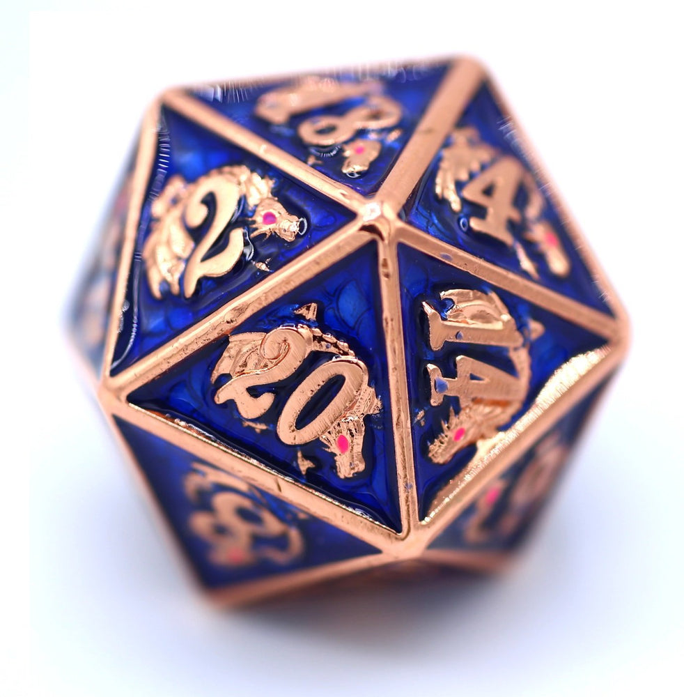 Copper with Navy Blue Solid Metal Dragon D20