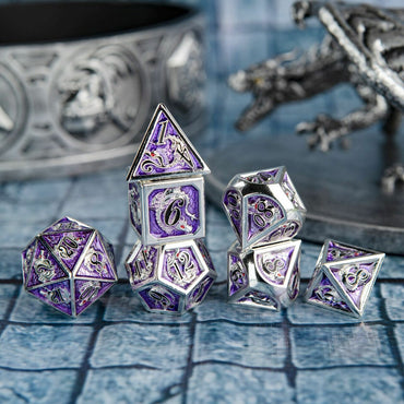 Silver & Amethyst/Black 7pc Metal Dice