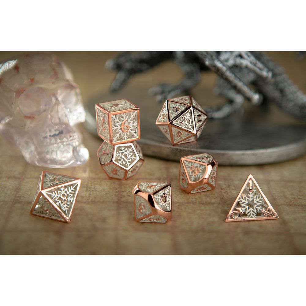 Rose Gold Snowflake Hollow 7pc Metal Dice