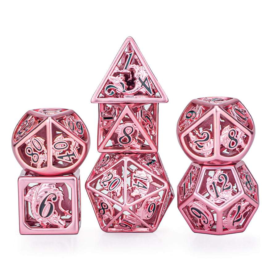 Rose Gold With Black Hollow Metal Dragon Polyhedral Dice Set