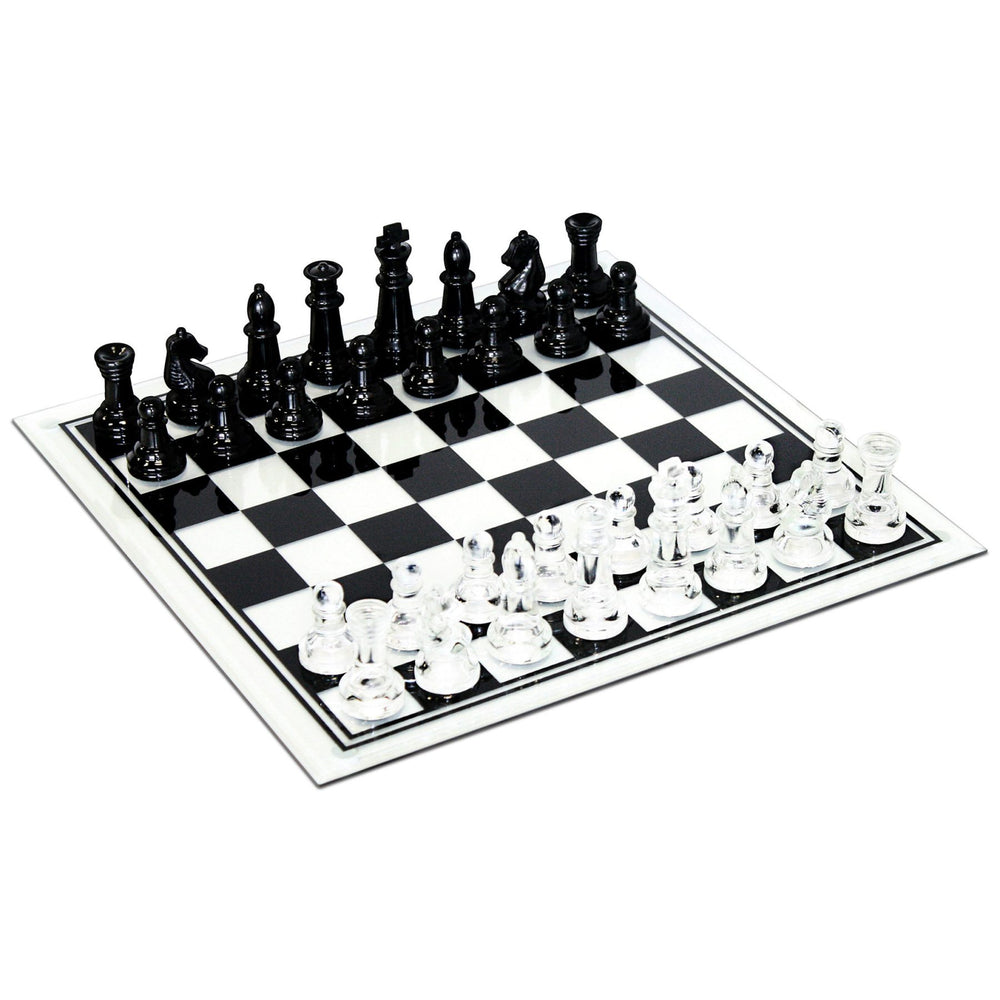 CHESS SET, GLASS BLK/CLR, 3" KING, 14" BOARD